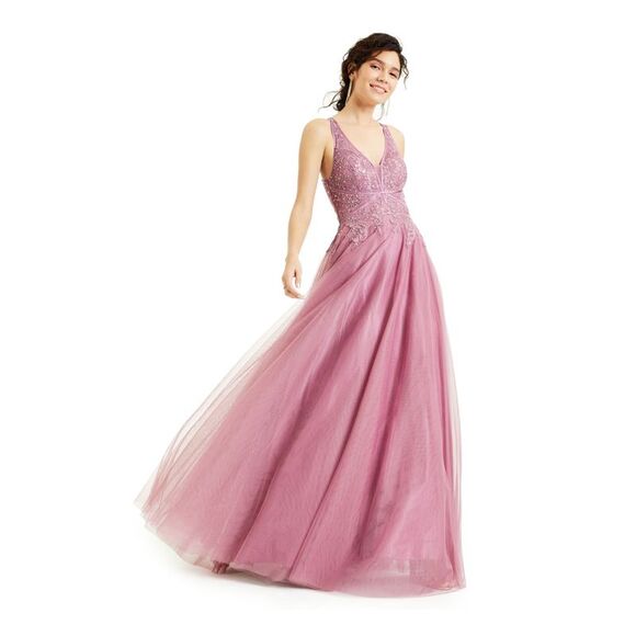 SAY YES TO THE PROM Womens Embellished Spaghetti Strap V Neck Full-Length Formal Fit + Flare Dress